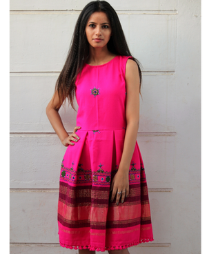 Handwoven and Hand Embroidered Fit & Flare Wool Dress in Bright Pink