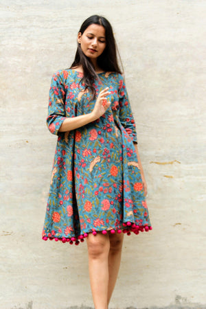 Floral Block Printed Swing Dress with Handmade Pompoms