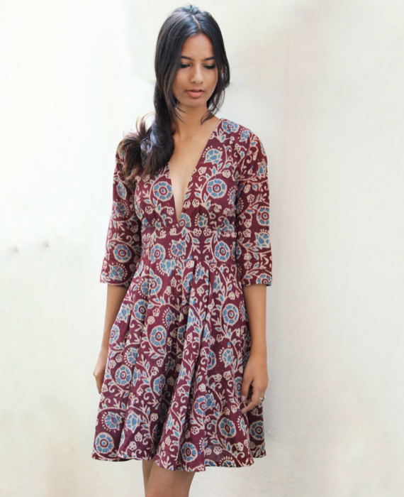 Batik V Neck Fit and Flare Dress by Mogra Designs