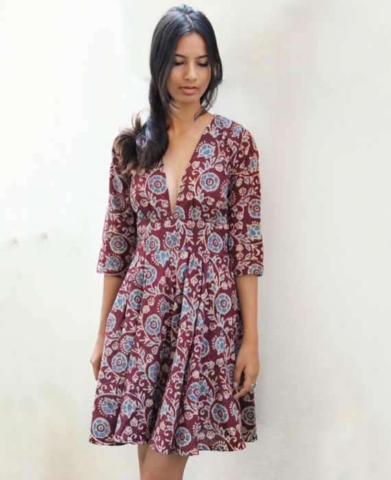 Batik V Neck Fit and Flare Dress - Mogra Designs Batik V Neck Fit and Flare Dress - Mogra Designs