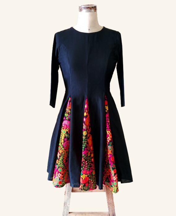 Floral Indian Embroidered Fit and Flare Dress in Black - Mogra Designs