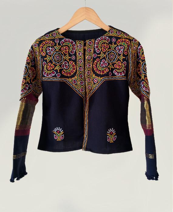 Handwoven & Hand Embroidered Mirror Work Tribal Cropped Jacket in Wool - Mogra Designs
