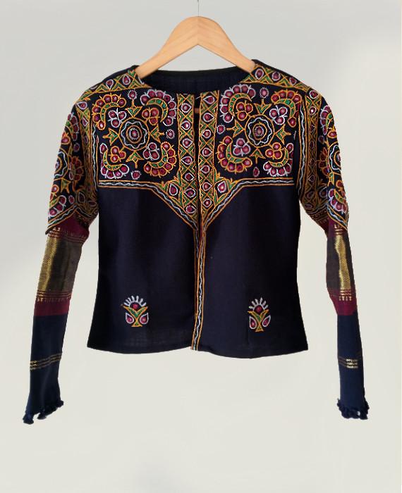 Handwoven Hand Embroidered Mirror Work Tribal Cropped Jacket in