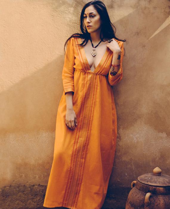 Cotton Drawstring Sari Kaftan in Orange - Mogra Designs