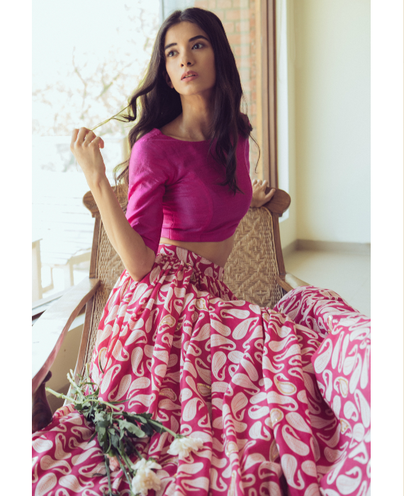 zHand Block Printed Pink & White Paisley Print Lehenga Set in Cotton and Raw Silk by Mogra Designs