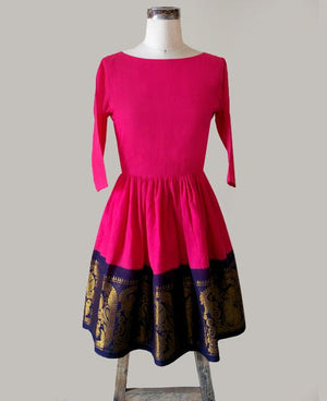 Pink & Navy Blue Fit and Flare Madurai Saree Dress - Mogra Designs