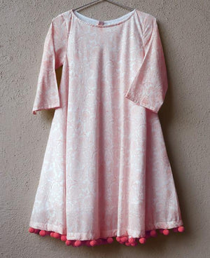 Pink Pastel Floral Block Printed Swing Dress with Handmade Pompoms - Mogra Designs