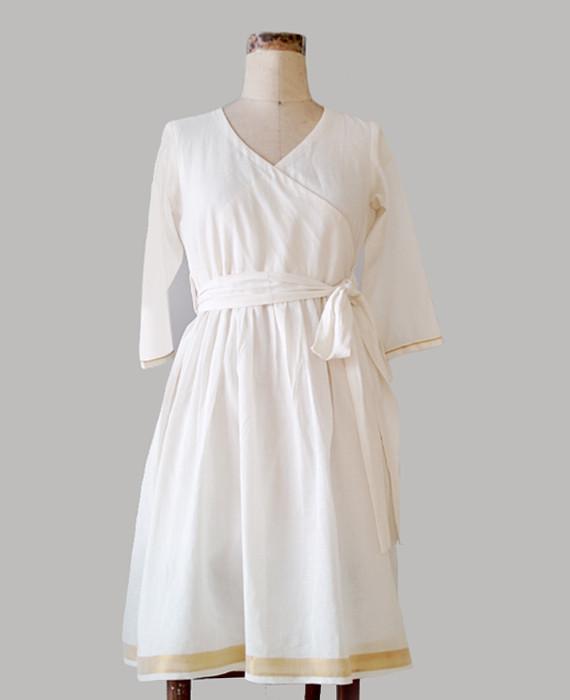 White Cotton Kasavu Saree Wrap Dress - Mogra Designs